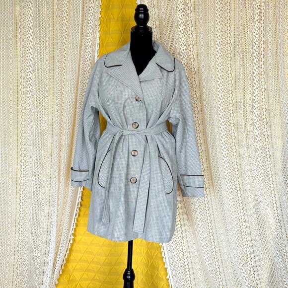 Vintage 70s Women's Blue & Tan Plaid Belted Overcoat Trenchcoat - Picture 1 of 14